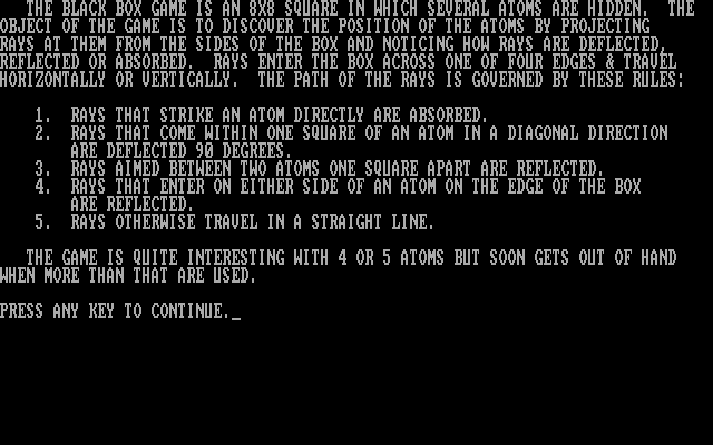 Black Box IBM PC/Compatibles Screenshot: Game instructions.