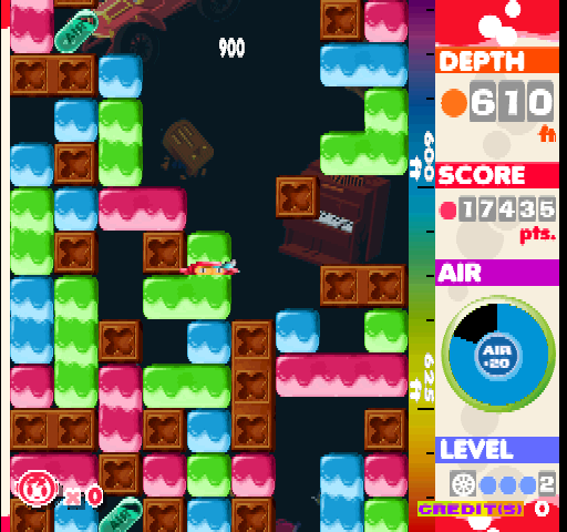 Mr. Driller Arcade Screenshot: Squash! Some blocks fell on Mr. Driller...