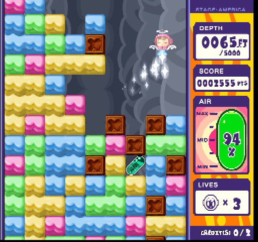 Mr. Driller 2 Arcade Screenshot: Mr. Driller is squashed and loses a life...