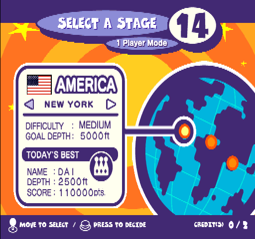 Mr. Driller 2 Arcade Screenshot: Select a starting stage.
