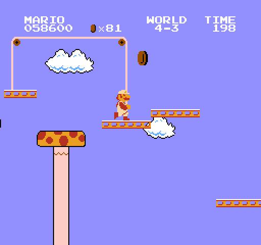 Super Mario Bros. NES / Famicom Screenshot: The scales move and eventually fall if you stand on them, so jump quickly!