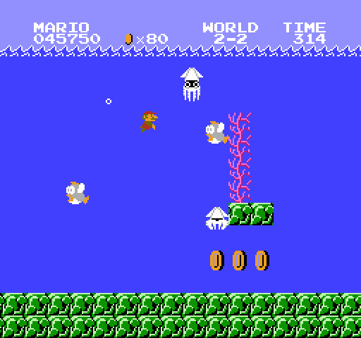 Super Mario Bros. NES / Famicom Screenshot: Swimming in an underwater world.