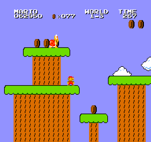 VS. Super Mario Bros. Arcade Screenshot: Jumping on the tree platforms!