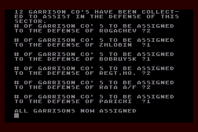 Dnieper River Line Atari 8-bit Screenshot: All garrisons now assigned...