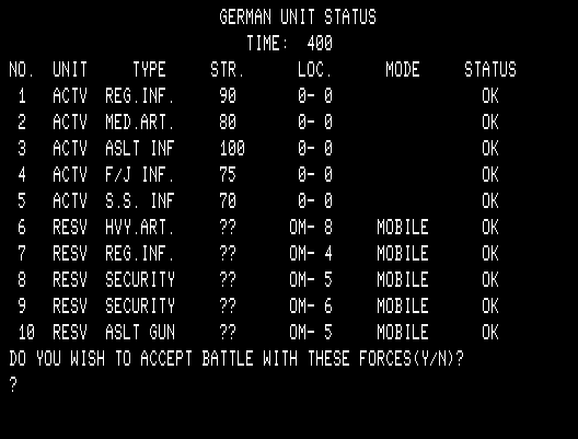 Dnieper River Line TRS-80 Screenshot: German unit status...