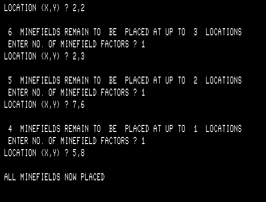 Dnieper River Line TRS-80 Screenshot: Placing minefields...