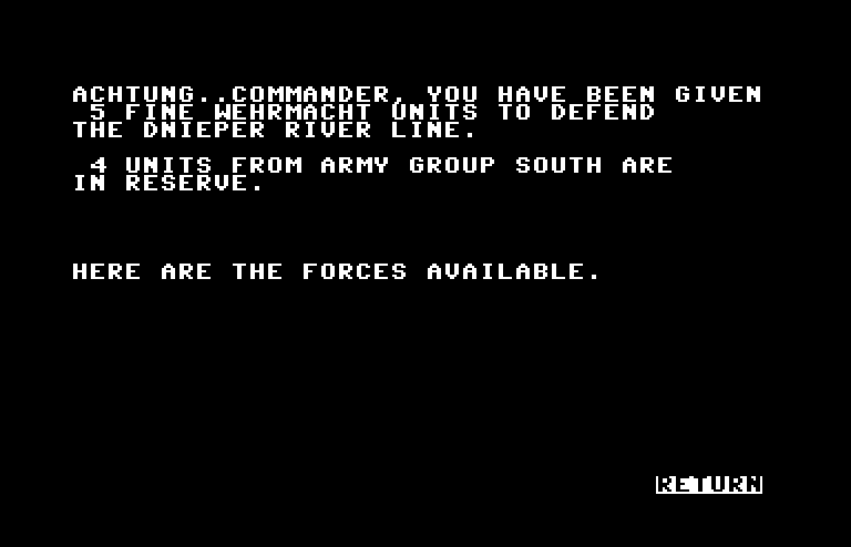 Dnieper River Line Commodore 64 Screenshot: Here are the forces available...