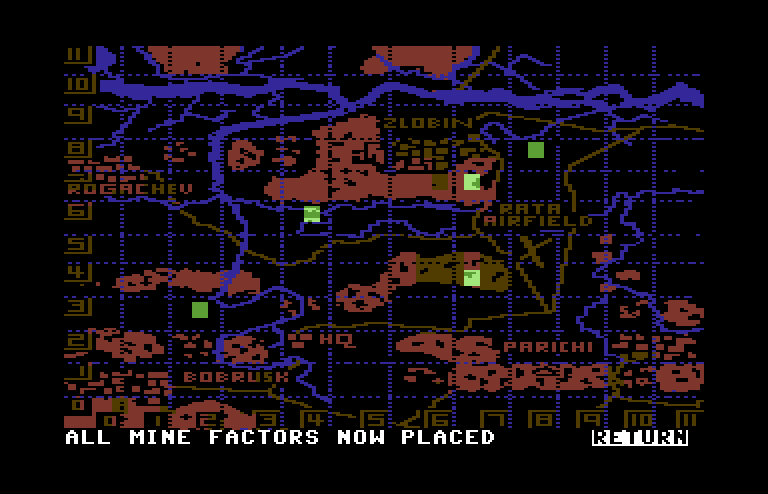 Dnieper River Line Commodore 64 Screenshot: All mine factors now placed!