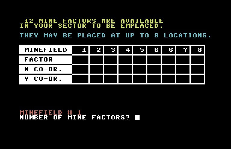 Dnieper River Line Commodore 64 Screenshot: Number of mine factors?