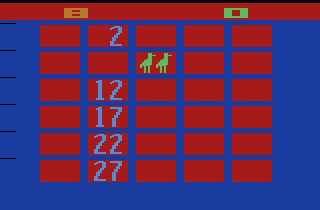 Hunt & Score Atari 2600 Screenshot: A game on the 30 square grid variation.