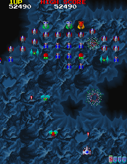 Galaga '88 Arcade Screenshot: Galaxian style invaders appear!