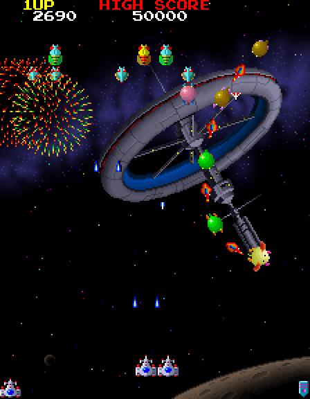 Galaga '88 Arcade Screenshot: Some opponents explode as fireworks!