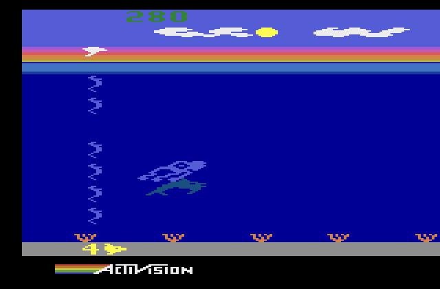 Dolphin Atari 2600 Screenshot: Too slow! The giant squid caught up...