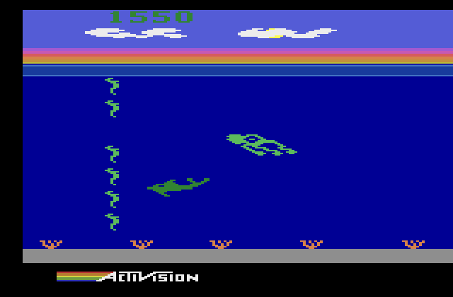 Dolphin Atari 2600 Screenshot: Too low, move up and swim through the gap!