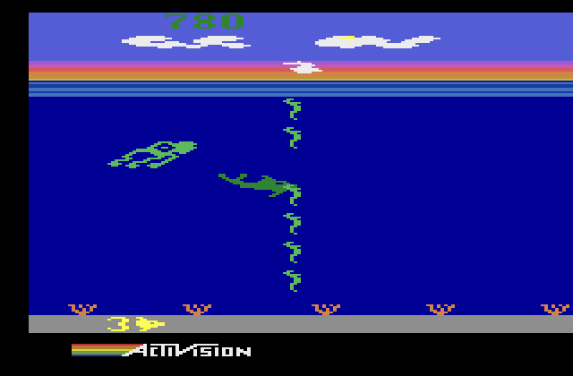 Dolphin Atari 2600 Screenshot: With the squid this close it's not a good time to miss my target!