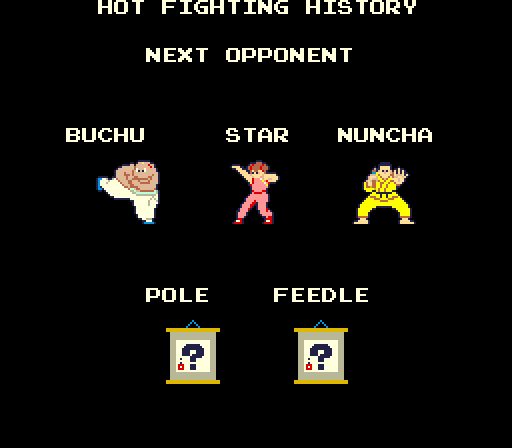 Yie Ar Kung-Fu Arcade Screenshot: Here's the opponents you'll face...