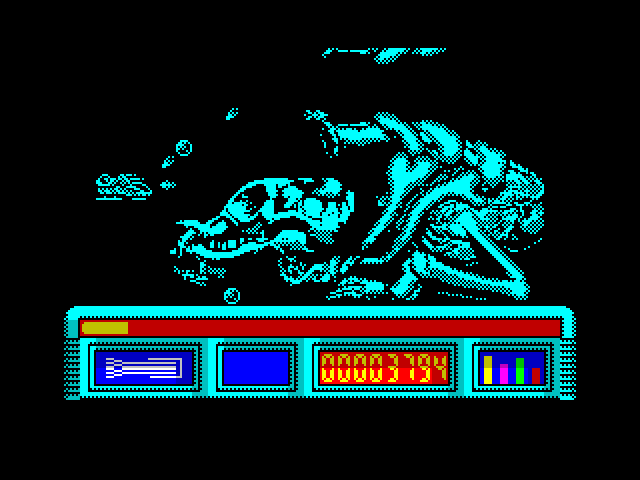X-Out ZX Spectrum Screenshot: Attacking the first end of level boss...