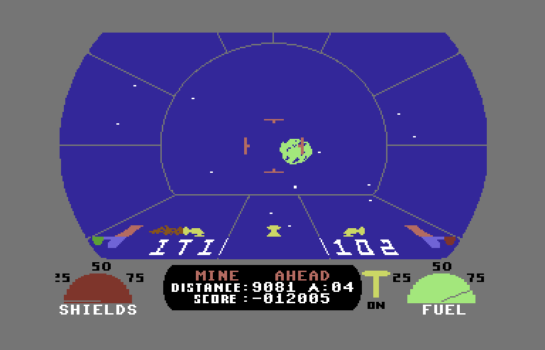 Blockade Runner Commodore 64 Screenshot: I'm hit again! The screen rapidly flashes different colors.