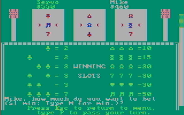 Casino Games IBM PC/Compatibles Screenshot: Slot machines...how much do you want to bet?
