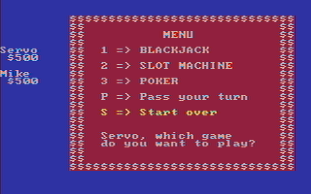 Casino Games IBM PC/Compatibles Screenshot: The main menu.