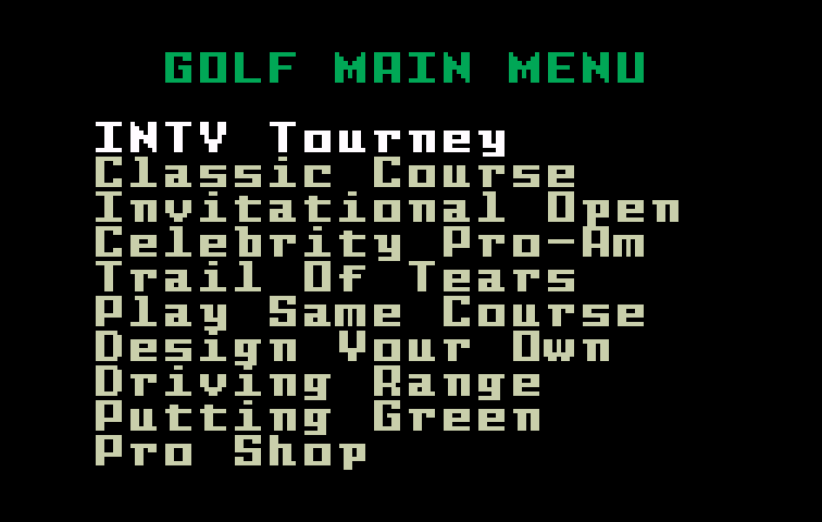 Chip Shot: Super Pro Golf Intellivision Screenshot: Main menu.