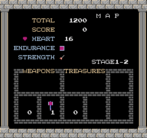 Kid Icarus NES / Famicom Screenshot: Status screen.
