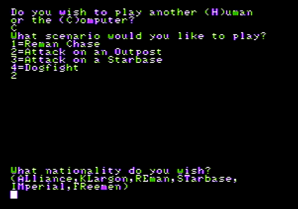Warp Factor, The Apple II Screenshot: Setting up a new game.