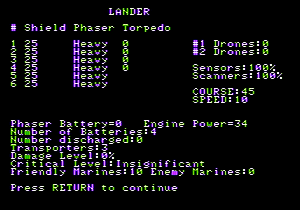Warp Factor, The Apple II Screenshot: Ship status.