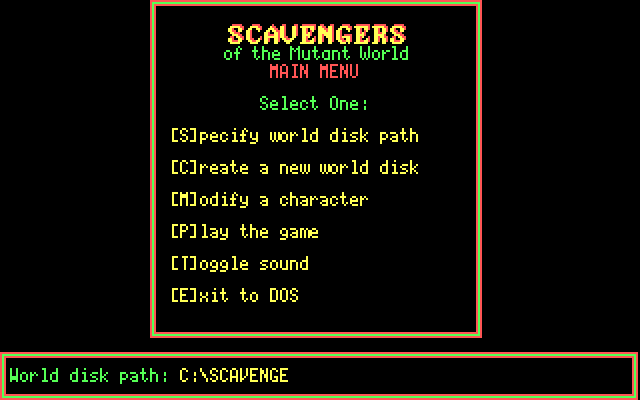 Scavengers of the Mutant World IBM PC/Compatibles Screenshot: The main menu.