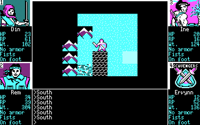 Scavengers of the Mutant World IBM PC/Compatibles Screenshot: I'm lost in the mountains, and night falls...