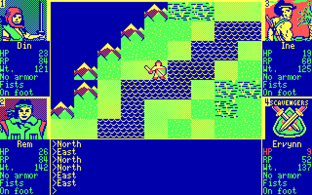 Scavengers of the Mutant World IBM PC/Compatibles Screenshot: Mountains and a river form a path...