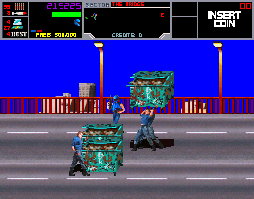 NARC Arcade Screenshot: These guys can pick up and throw the dumpsters!