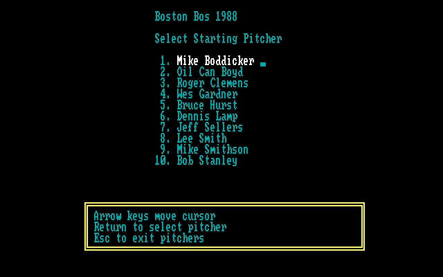 Strat-O-Matic Computer Baseball IBM PC/Compatibles Screenshot: Select a starting pitcher...