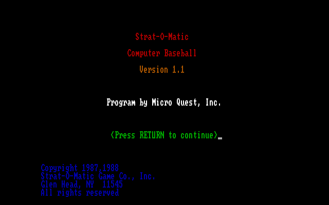 Strat-O-Matic Computer Baseball IBM PC/Compatibles Screenshot: Title screen.
