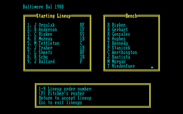 Strat-O-Matic Computer Baseball IBM PC/Compatibles Screenshot: Setting up the starting lineup.