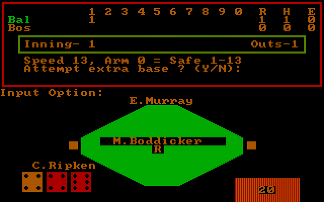 Strat-O-Matic Computer Baseball IBM PC/Compatibles Screenshot: Automatic gameplay; you still have some input, such as attempting an extra base...