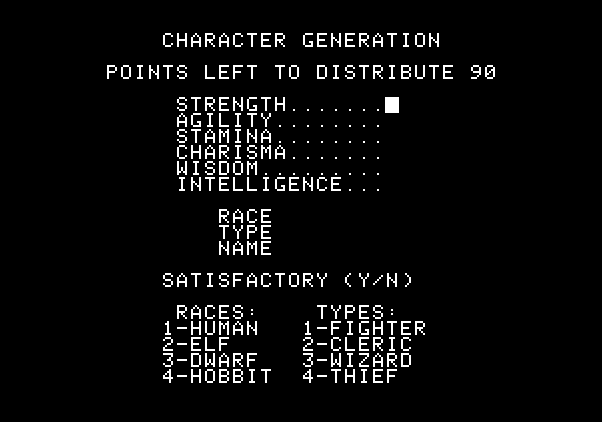 Ultima Apple II Screenshot: The character generation screen.