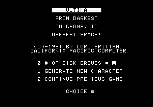 Ultima Apple II Screenshot: The main menu.