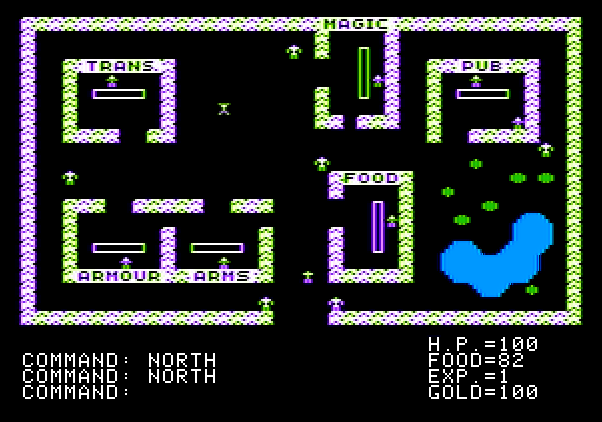 Ultima Apple II Screenshot: Visit towns to pick up some armour and arms...