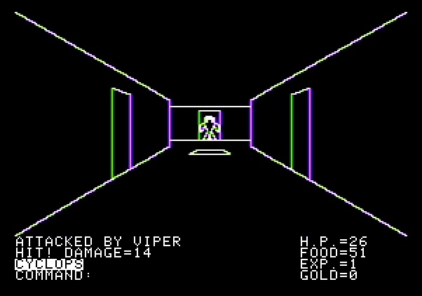 Ultima Apple II Screenshot: A cyclops attacks...