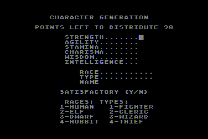 Ultima Atari 8-bit Screenshot: Character generation.