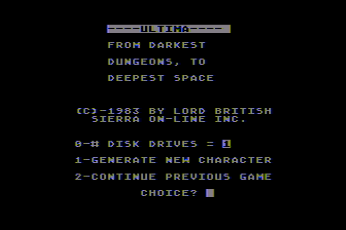 Ultima Atari 8-bit Screenshot: The main menu.