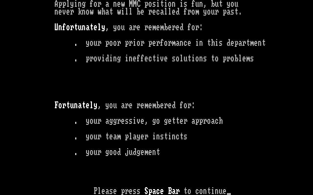 Executive Suite IBM PC/Compatibles Screenshot: Hmm, will I get the next job?
