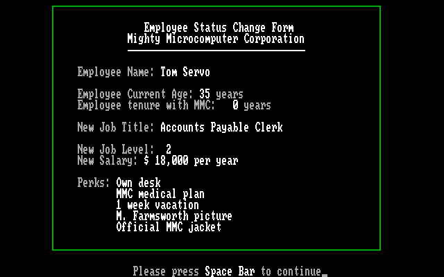 Executive Suite IBM PC/Compatibles Screenshot: Here's what the job offers...