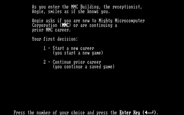 Executive Suite IBM PC/Compatibles Screenshot: Start a new game, or load a previously saved game?