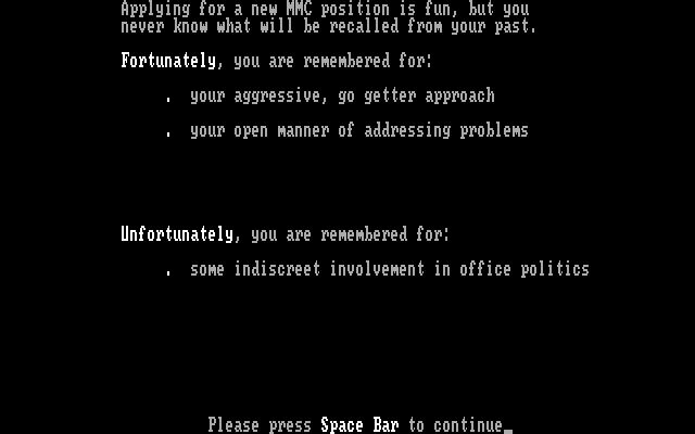 Executive Suite IBM PC/Compatibles Screenshot: I'm remembered for a few good things, and a few bad things...