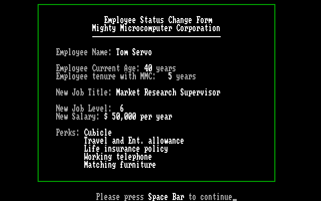 Executive Suite IBM PC/Compatibles Screenshot: My new job description...
