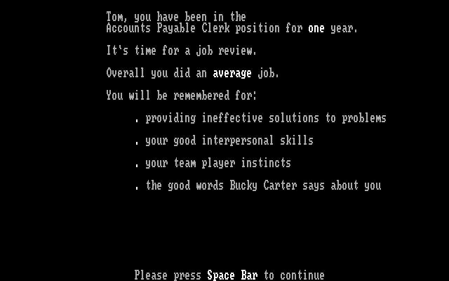 Executive Suite IBM PC/Compatibles Screenshot: I've been in this job for one year, here's the results...