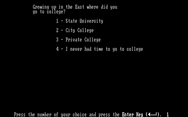 Executive Suite IBM PC/Compatibles Screenshot: Where did you go to college?