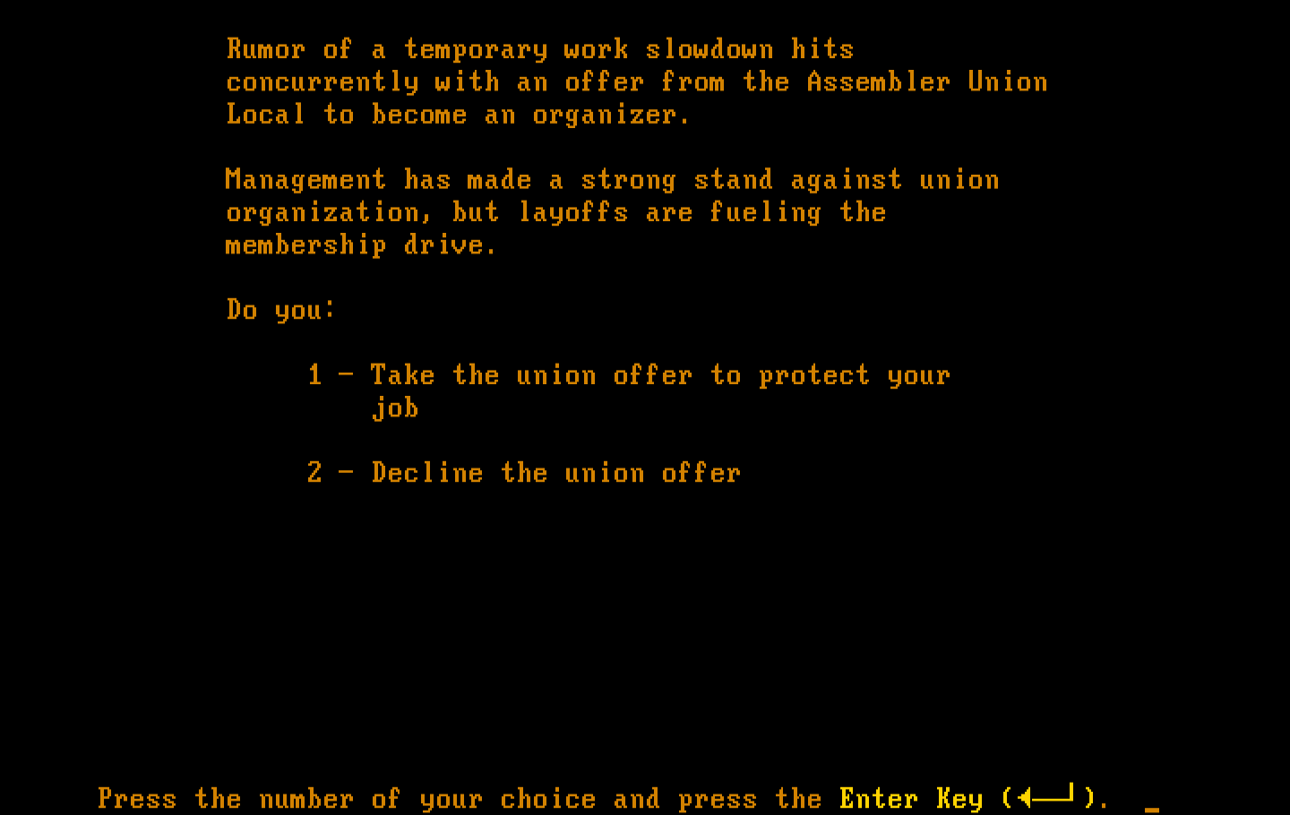Executive Suite IBM PC/Compatibles Screenshot: Join a union?